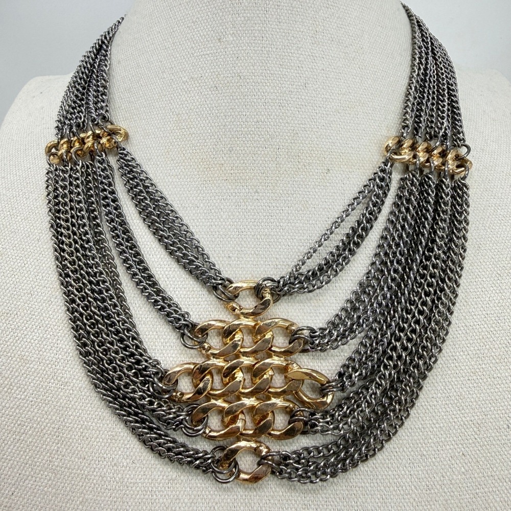Multi Strand Chain Necklace Gunmetal Gold Tone Chunky Statement‎ Bib